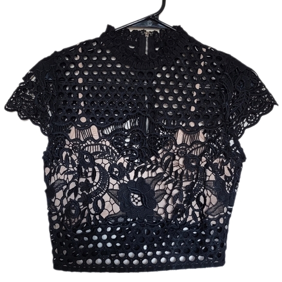 FOREVER 21 Women's Black Holes & Lace Overlay Crop Top + Cream Bralette Small - Picture 1 of 3